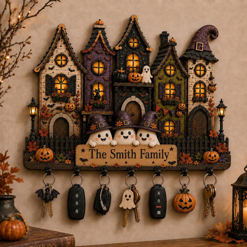 2D PRINTED Personalized Halloween Key Holder, Custom Family Name Wooden Key Hanging, Haunted House Wall Organizer, Ghost Home Decor
