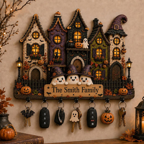 2D PRINTED Personalized Halloween Key Holder, Custom Family Name Wooden Key Hanging, Haunted House Wall Organizer, Ghost Home Decor