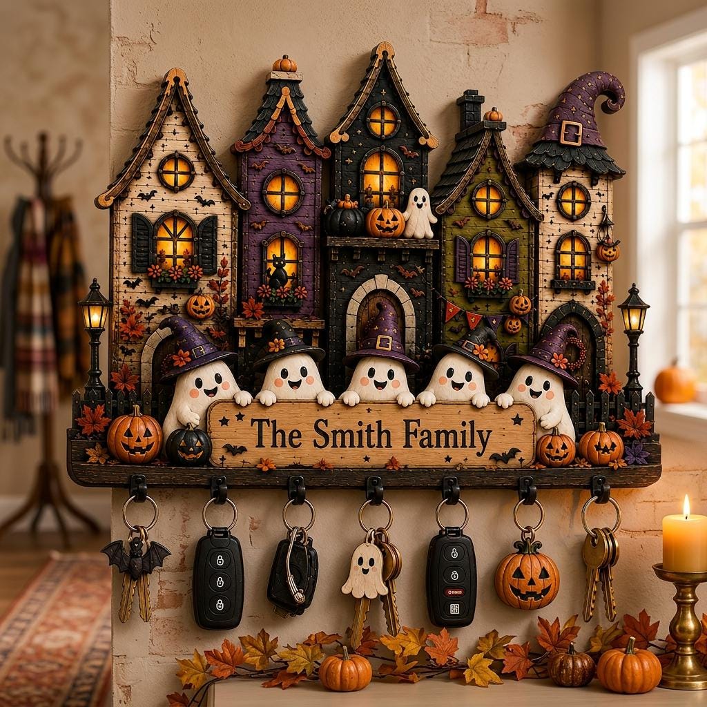 2D PRINTED Personalized Halloween Key Holder, Custom Family Name Wooden Key Hanging, Haunted House Wall Organizer, Ghost Home Decor