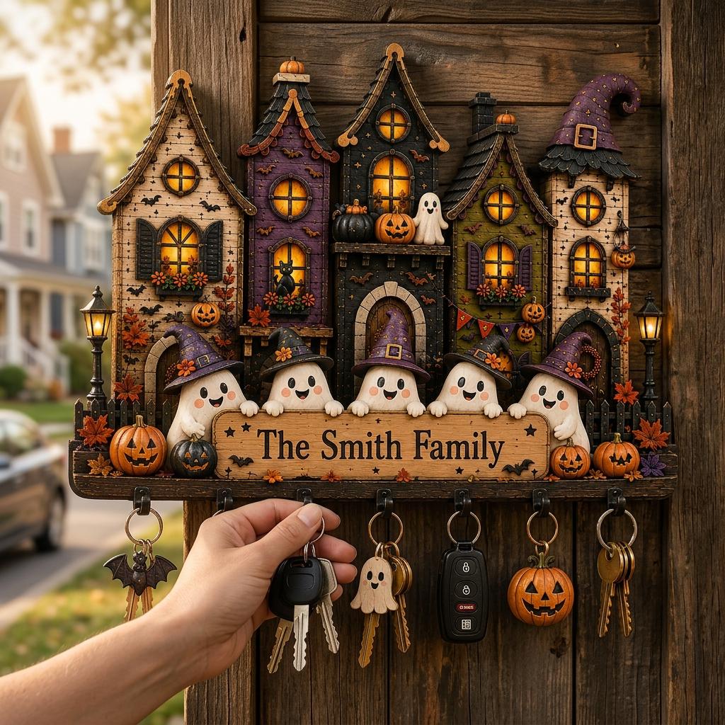 2D PRINTED Personalized Halloween Key Holder, Custom Family Name Wooden Key Hanging, Haunted House Wall Organizer, Ghost Home Decor