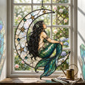 Crescent Moon Mermaid Suncatcher, Faux Stained Glass Decor, Mystical Ocean Window Ornament, Mermaid Lover Gift, Boho Home Decor