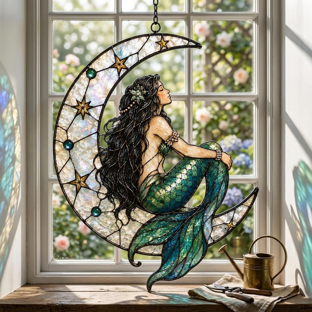 Crescent Moon Mermaid Suncatcher, Faux Stained Glass Decor, Mystical Ocean Window Ornament, Mermaid Lover Gift, Boho Home Decor