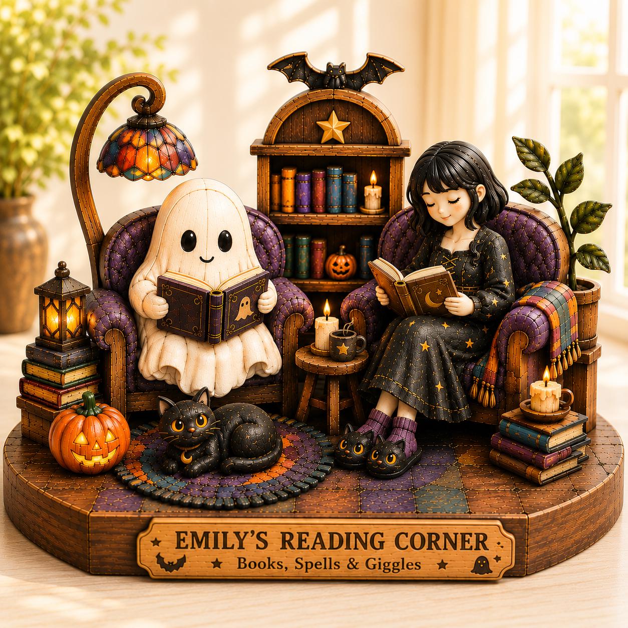 2D PRINTED Personalized Halloween Reading Corner Wooden Block, Custom Book Lover Figurine, Ghost and Black Cat Decor, Spooky Reader Gift