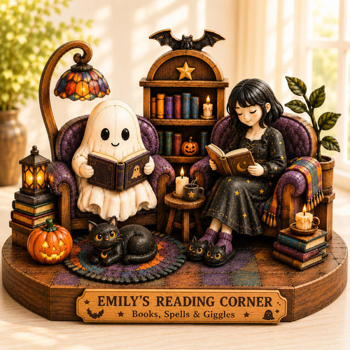 2D PRINTED Personalized Halloween Reading Corner Wooden Block, Custom Book Lover Figurine, Ghost and Black Cat Decor, Spooky Reader Gift