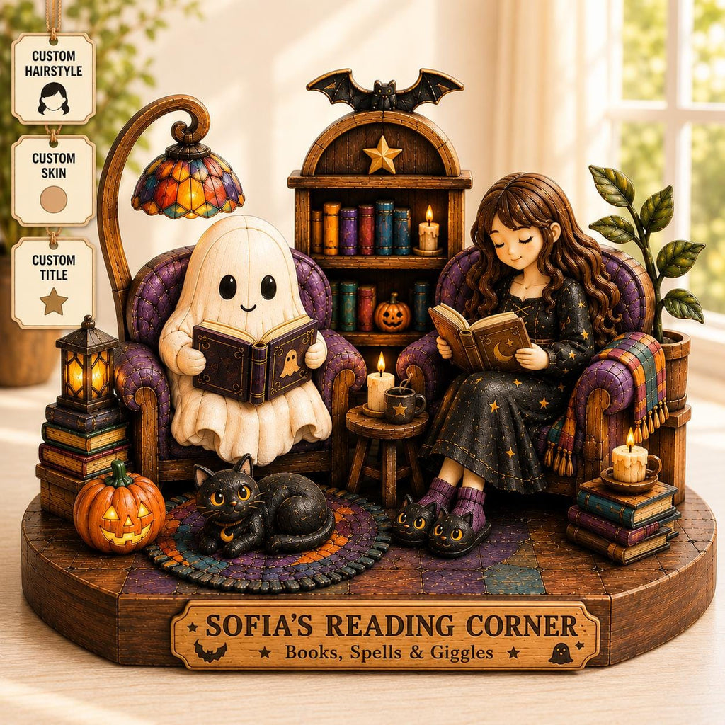 2D PRINTED Personalized Halloween Reading Corner Wooden Block, Custom Book Lover Figurine, Ghost and Black Cat Decor, Spooky Reader Gift
