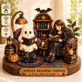 2D PRINTED Personalized Halloween Reading Corner Wooden Block, Custom Book Lover Figurine, Ghost and Black Cat Decor, Spooky Reader Gift