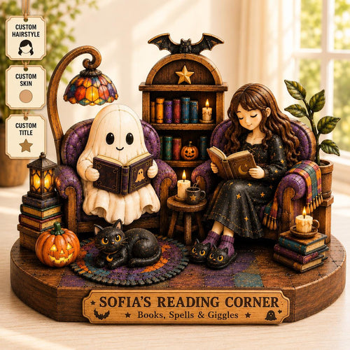 2D PRINTED Personalized Halloween Reading Corner Wooden Block, Custom Book Lover Figurine, Ghost and Black Cat Decor, Spooky Reader Gift