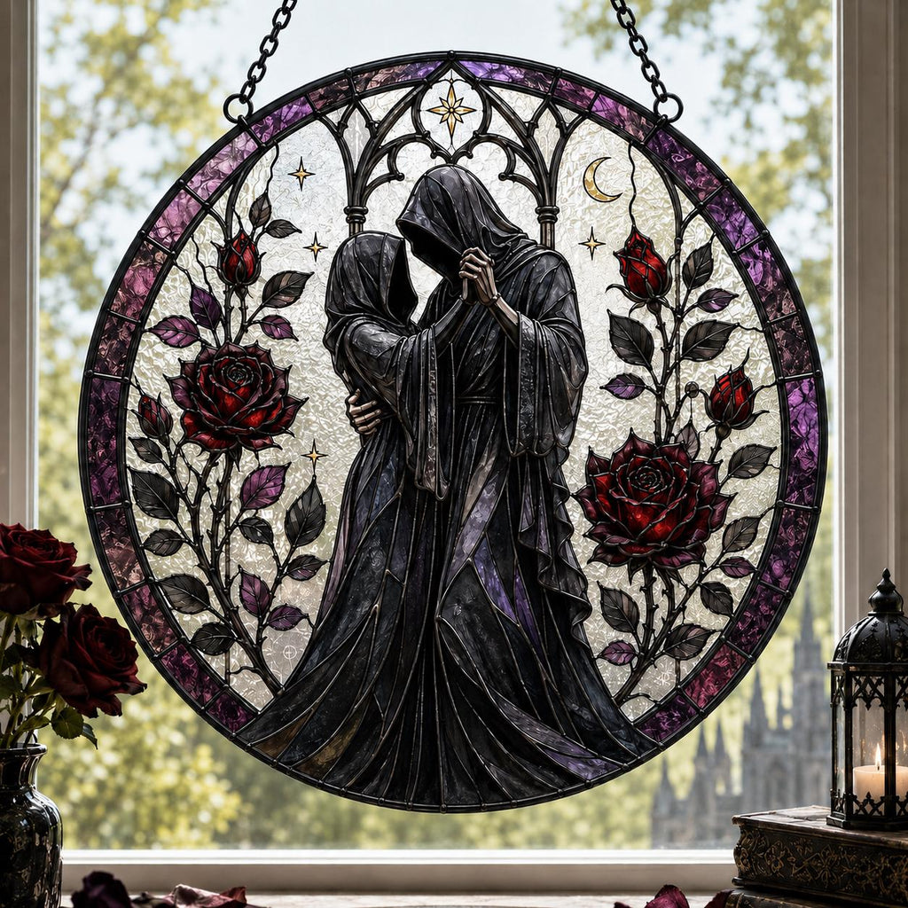 Personalized Gothic Couple Suncatcher, Faux Stained Glass Window Hanging, Custom Names Anniversary Gift, Dark Romance Home Decor
