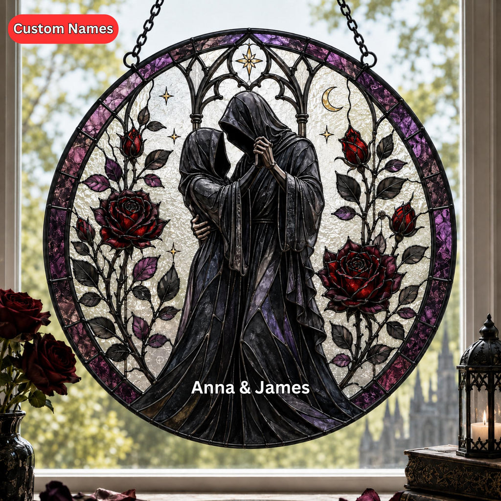 Personalized Gothic Couple Suncatcher, Faux Stained Glass Window Hanging, Custom Names Anniversary Gift, Dark Romance Home Decor