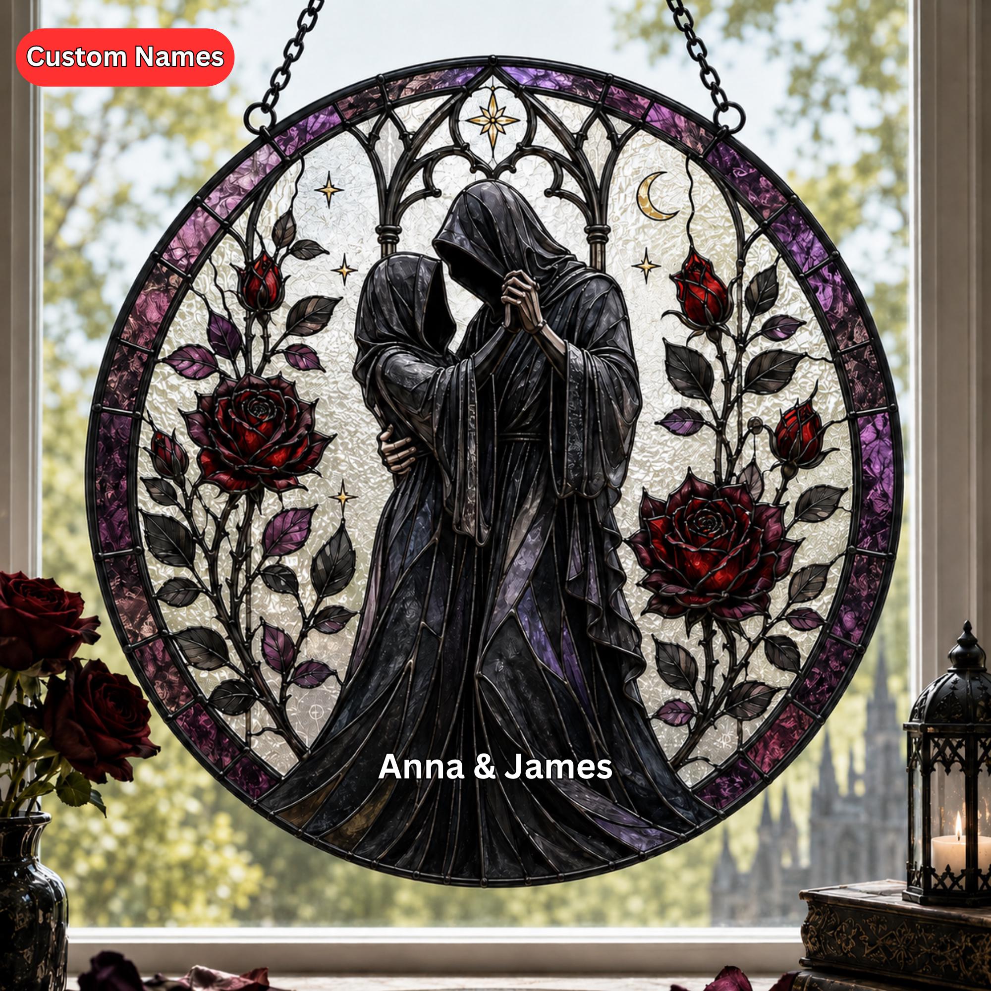 Personalized Gothic Couple Suncatcher, Faux Stained Glass Window Hanging, Custom Names Anniversary Gift, Dark Romance Home Decor