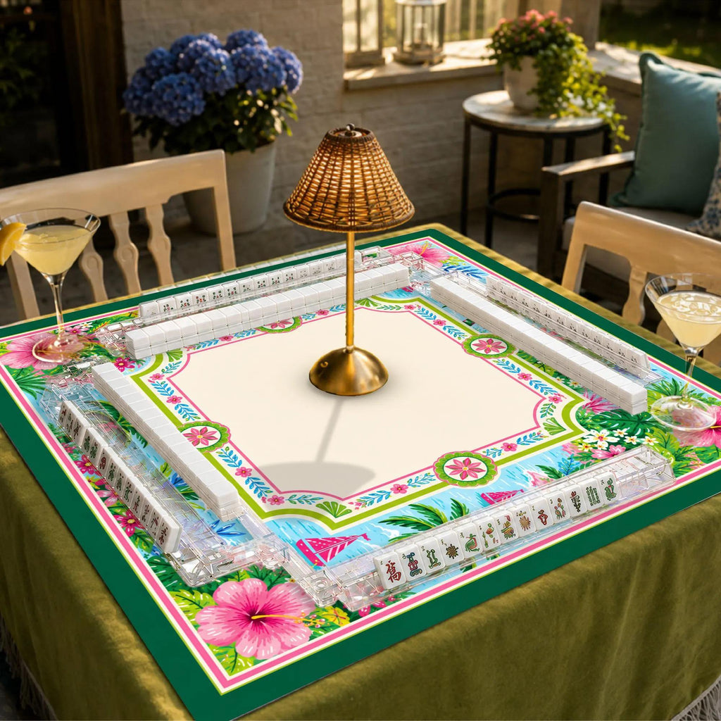 Tropical Mahjong Mat, Palm Tree and Hibiscus Game Table Mat, Colorful Coastal Mahjong Gift, Personalized Mahjong Table Decor