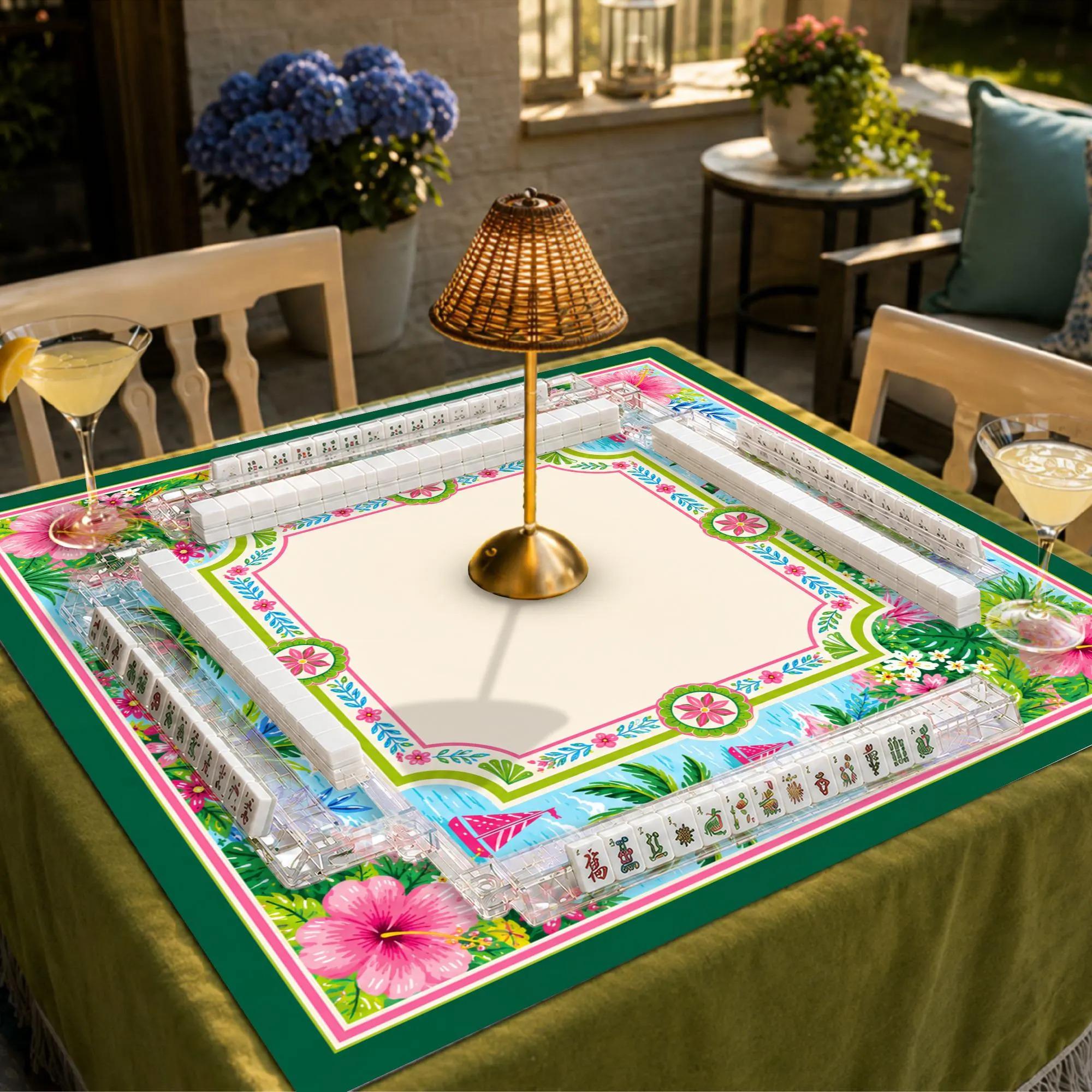 Tropical Mahjong Mat, Palm Tree and Hibiscus Game Table Mat, Colorful Coastal Mahjong Gift, Personalized Mahjong Table Decor