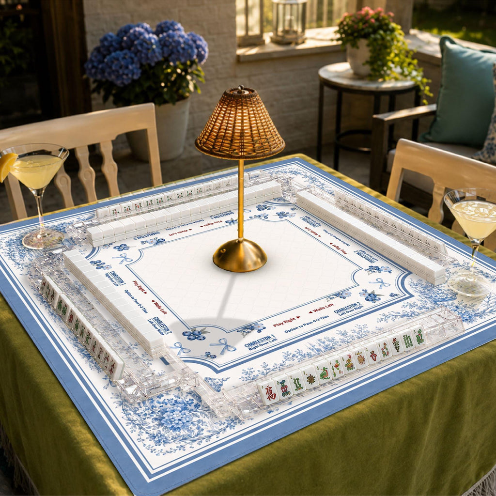 Blue Chinoiserie Mahjong Mat, Charleston Game Rules Mat, Floral Toile Mahjong Table Cover, Elegant Mahjong Gift for Women