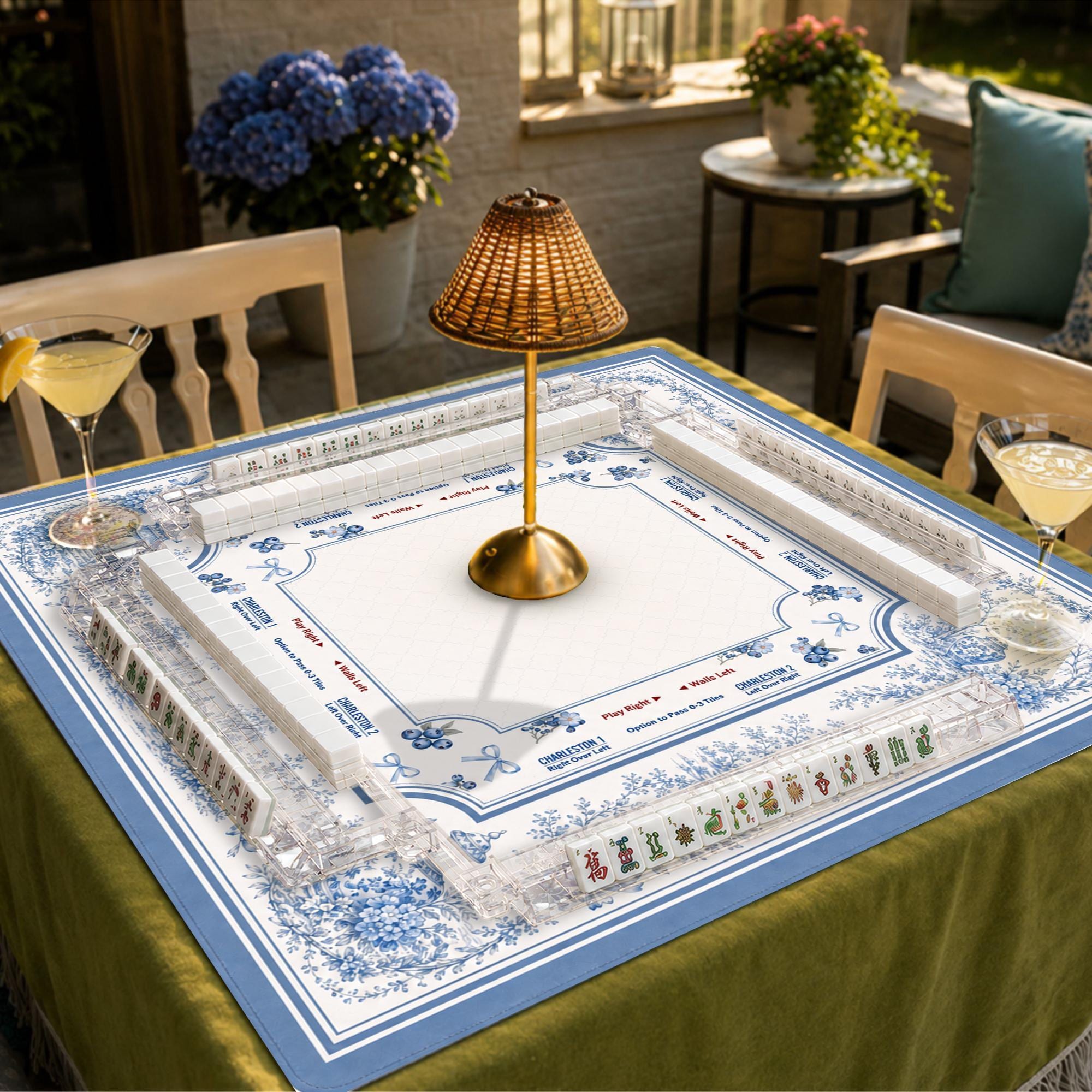 Blue Chinoiserie Mahjong Mat, Charleston Game Rules Mat, Floral Toile Mahjong Table Cover, Elegant Mahjong Gift for Women