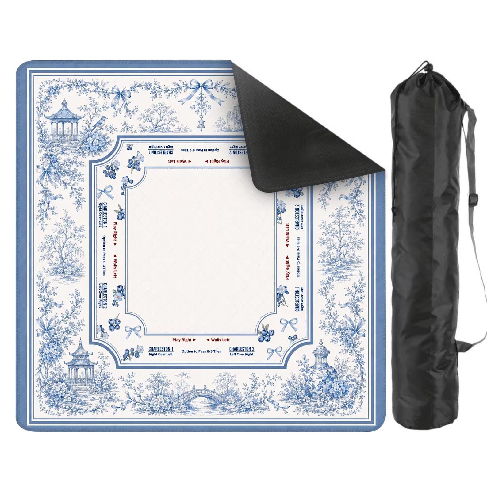 Blue Chinoiserie Mahjong Mat, Charleston Game Rules Mat, Floral Toile Mahjong Table Cover, Elegant Mahjong Gift for Women