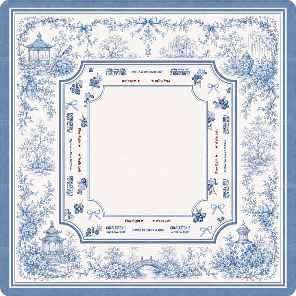Blue Chinoiserie Mahjong Mat, Charleston Game Rules Mat, Floral Toile Mahjong Table Cover, Elegant Mahjong Gift for Women