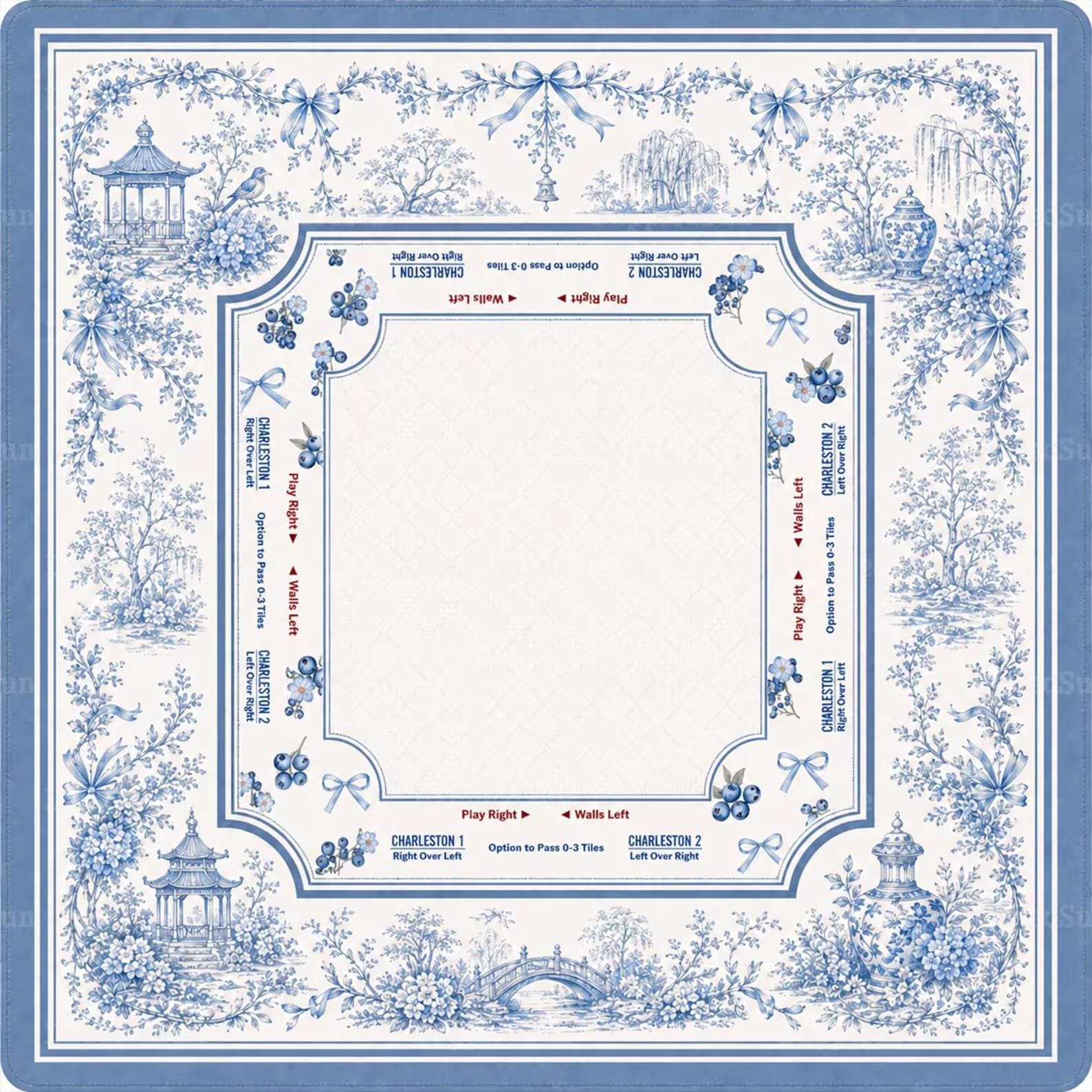 Blue Chinoiserie Mahjong Mat, Charleston Game Rules Mat, Floral Toile Mahjong Table Cover, Elegant Mahjong Gift for Women