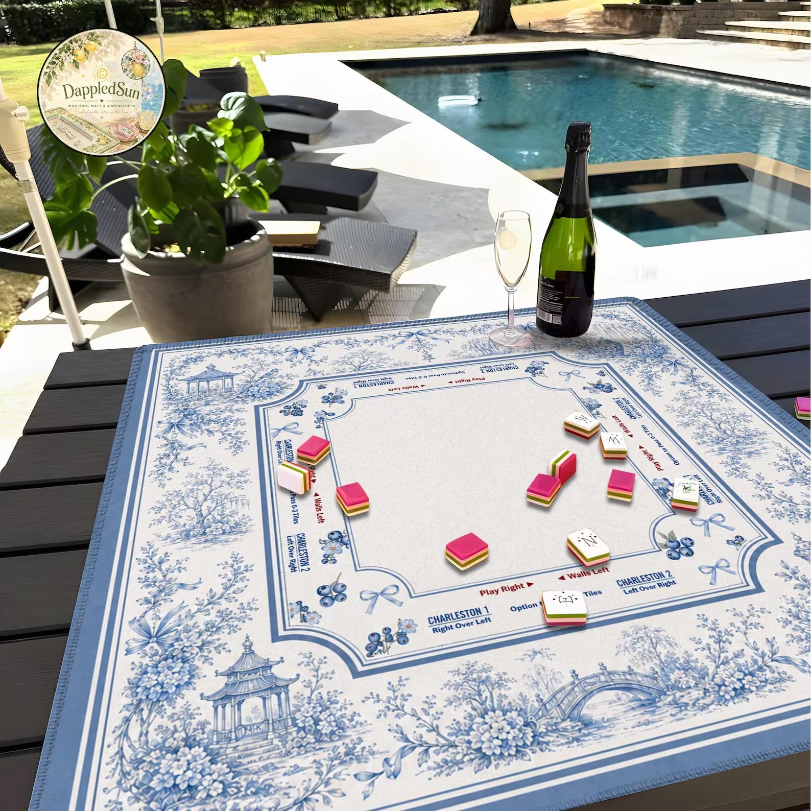 Blue Chinoiserie Mahjong Mat, Charleston Game Rules Mat, Floral Toile Mahjong Table Cover, Elegant Mahjong Gift for Women