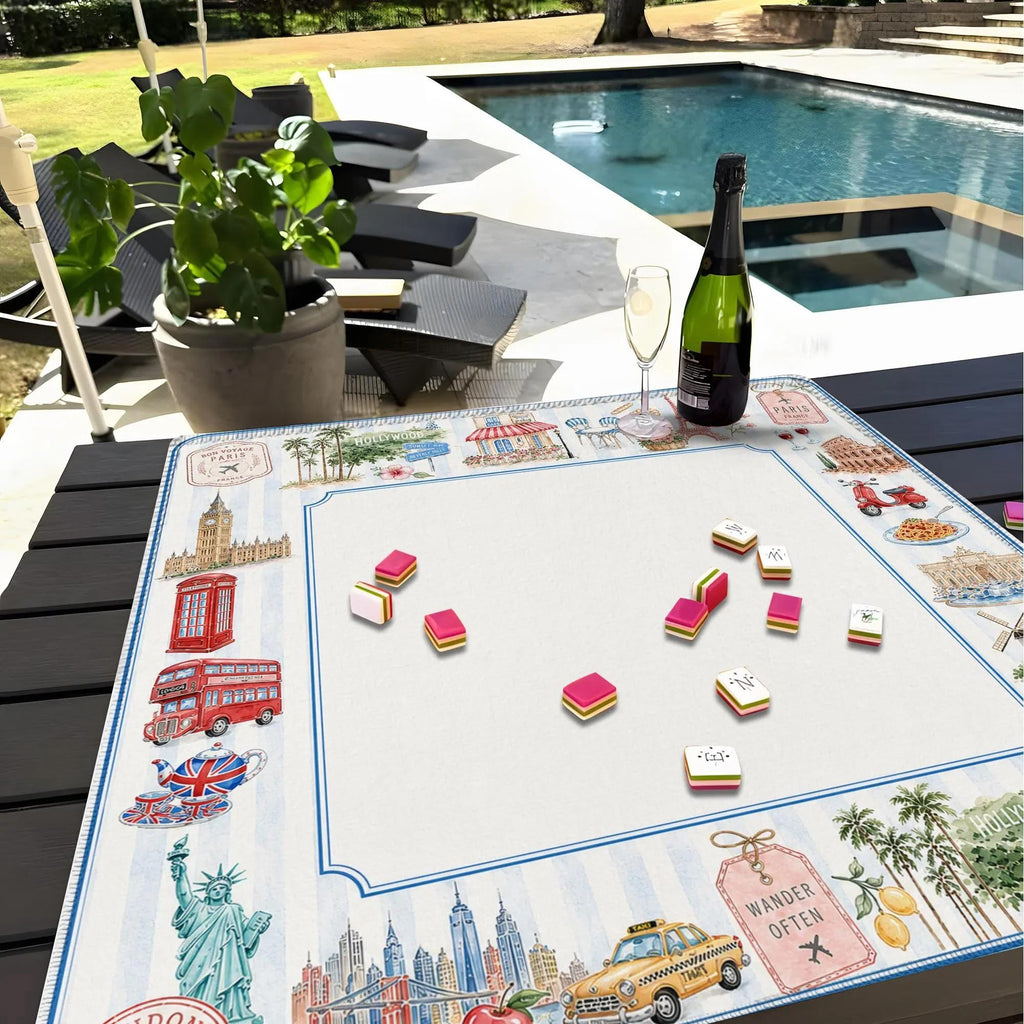 Travel Landmark Mahjong Mat, Paris London Italy Hollywood Game Mat, Vacation Theme Mahjong Table Cover, Gift for Travel Lovers
