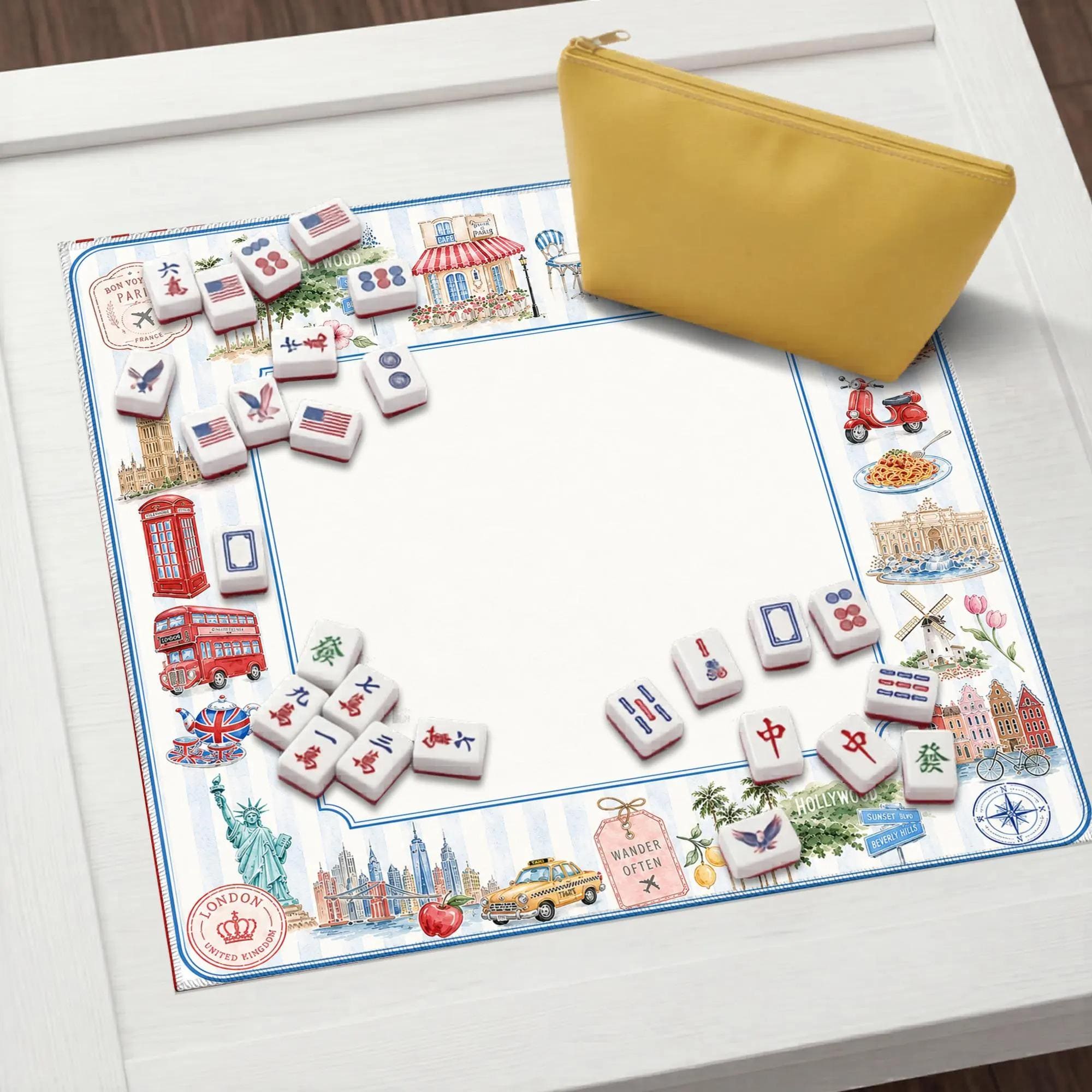 Travel Landmark Mahjong Mat, Paris London Italy Hollywood Game Mat, Vacation Theme Mahjong Table Cover, Gift for Travel Lovers