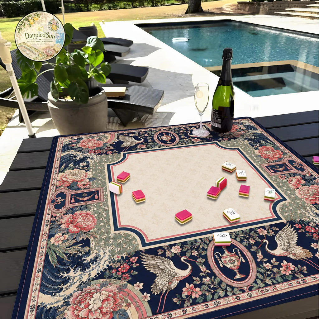 Vintage Chinoiserie Mahjong Mat, Swan & Peony Floral Mahjong Table Cover, Elegant Garden Game Mat, Gift for Mahjong Lovers
