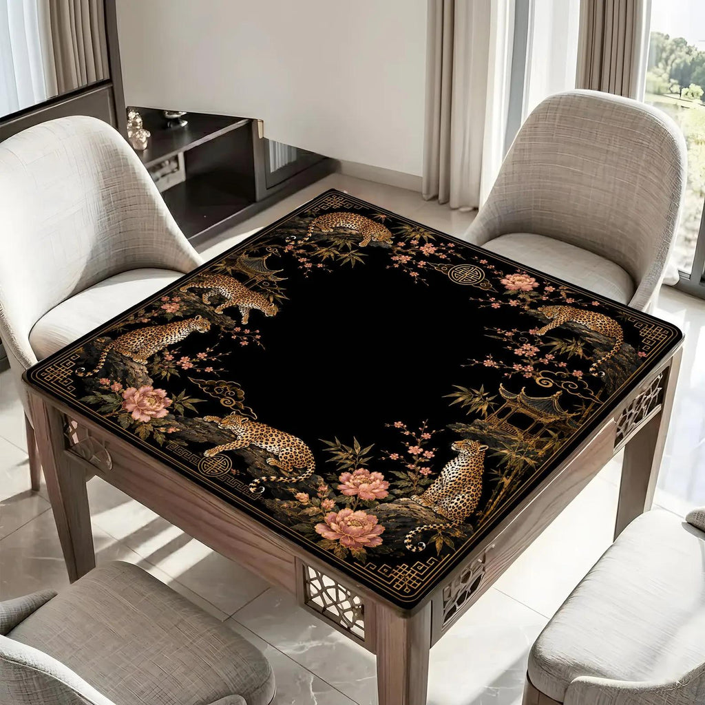 Black Gold Leopard Mahjong Mat, Chinoiserie Peony Table Cover, Luxury Mahjong Game Mat, Exotic Wildlife Gift
