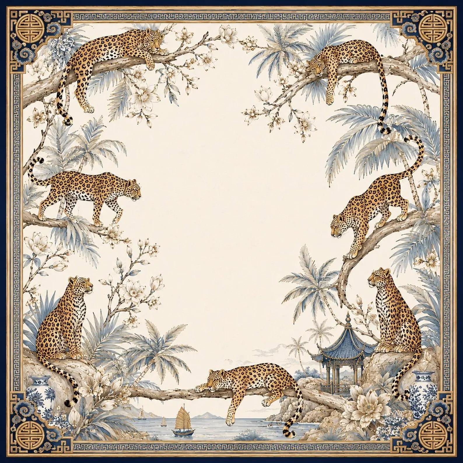 Black Gold Leopard Mahjong Mat, Chinoiserie Peony Table Cover, Luxury Mahjong Game Mat, Exotic Wildlife Gift