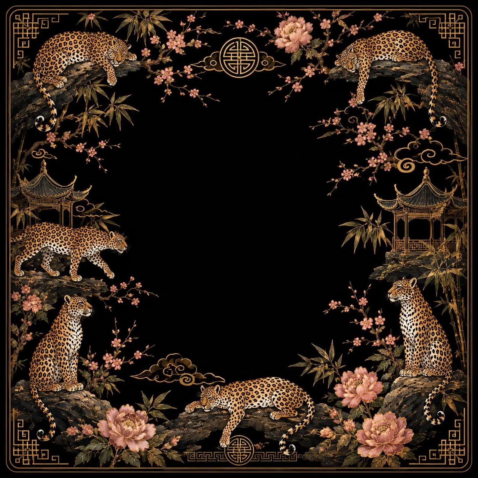Black Gold Leopard Mahjong Mat, Chinoiserie Peony Table Cover, Luxury Mahjong Game Mat, Exotic Wildlife Gift