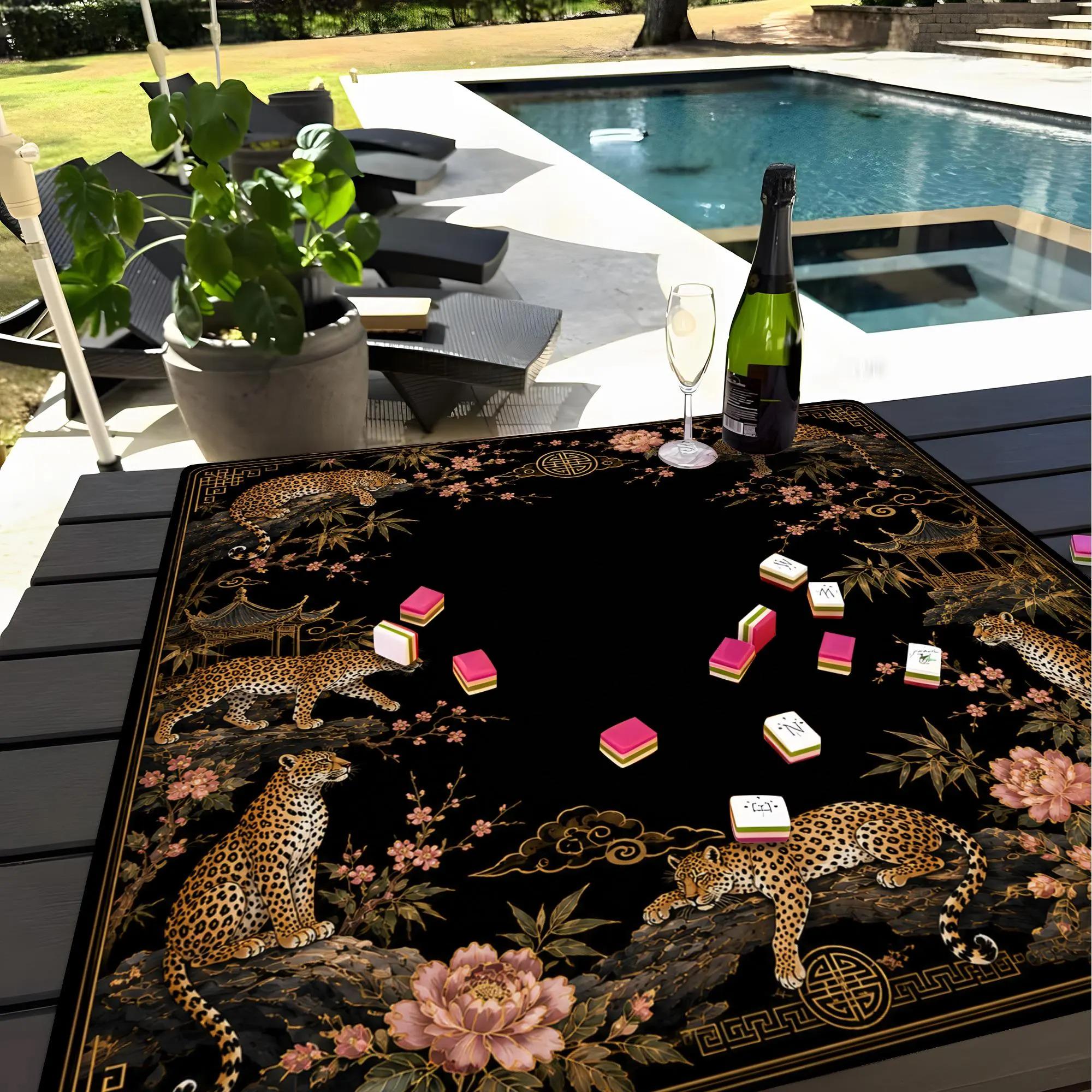 Black Gold Leopard Mahjong Mat, Chinoiserie Peony Table Cover, Luxury Mahjong Game Mat, Exotic Wildlife Gift