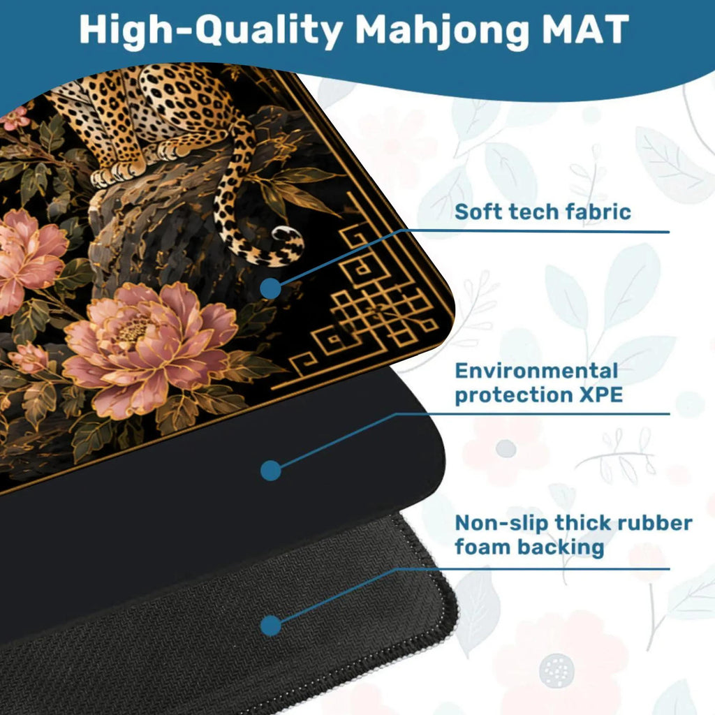 Black Gold Leopard Mahjong Mat, Chinoiserie Peony Table Cover, Luxury Mahjong Game Mat, Exotic Wildlife Gift