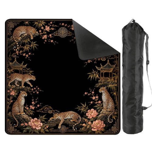 Black Gold Leopard Mahjong Mat, Chinoiserie Peony Table Cover, Luxury Mahjong Game Mat, Exotic Wildlife Gift