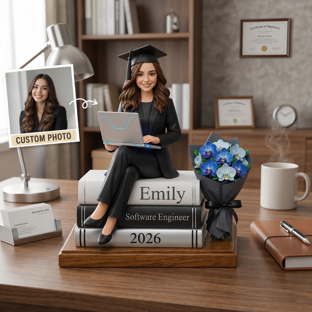 Custom Graduation Figurine Female, Personalized Software Engineer Gift For Class of 2026, Unique Graduate Desk Decor With Laptop And Books