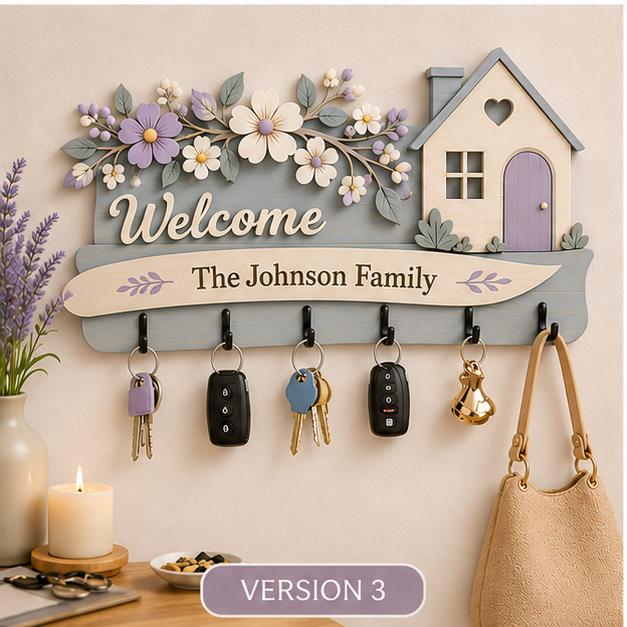 Personalized Wooden Key Holder for Wall, Layered Family Key Hanger, Custom Entryway Organizer, Housewarming Gift, Welcome Home Decor