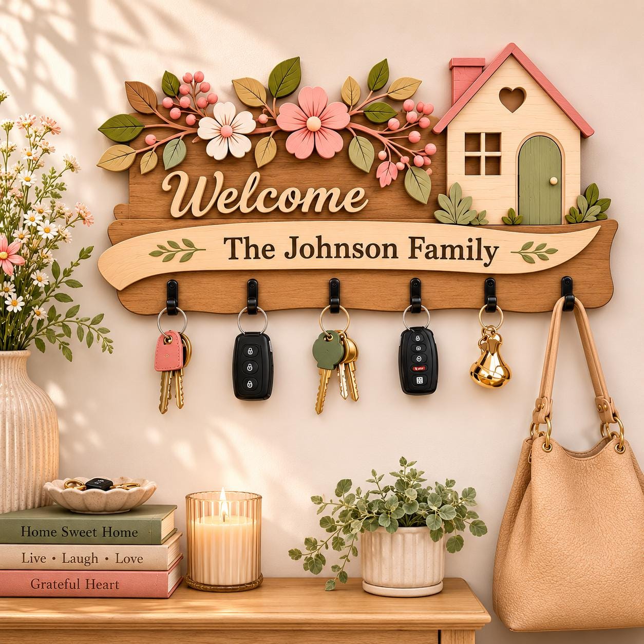 Personalized Wooden Key Holder for Wall, Layered Family Key Hanger, Custom Entryway Organizer, Housewarming Gift, Welcome Home Decor