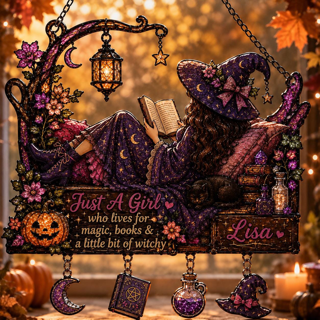 Personalized Witch Faux Stained Glass Acrylic Suncatcher, Custom Name Book Lover Window Decor, Magical Gothic Halloween Gift