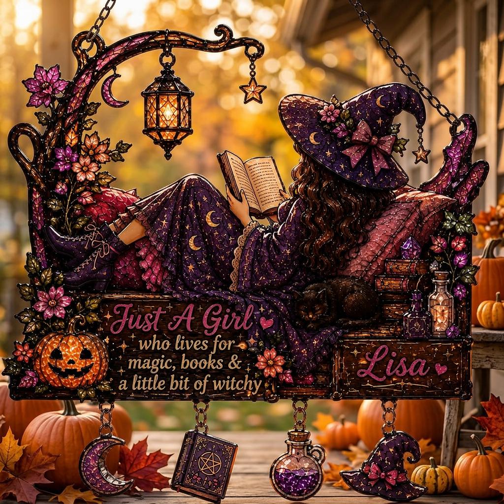 Personalized Witch Faux Stained Glass Acrylic Suncatcher, Custom Name Book Lover Window Decor, Magical Gothic Halloween Gift