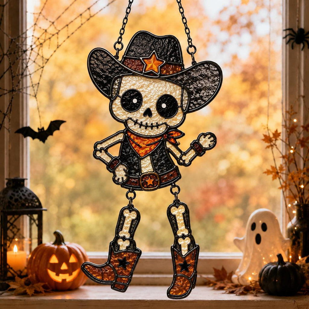 Western Skeleton Cowboy Acrylic Suncatcher, Halloween Window Hanging Decor, Spooky Skull Cowboy Gift, Gothic Western Ornament