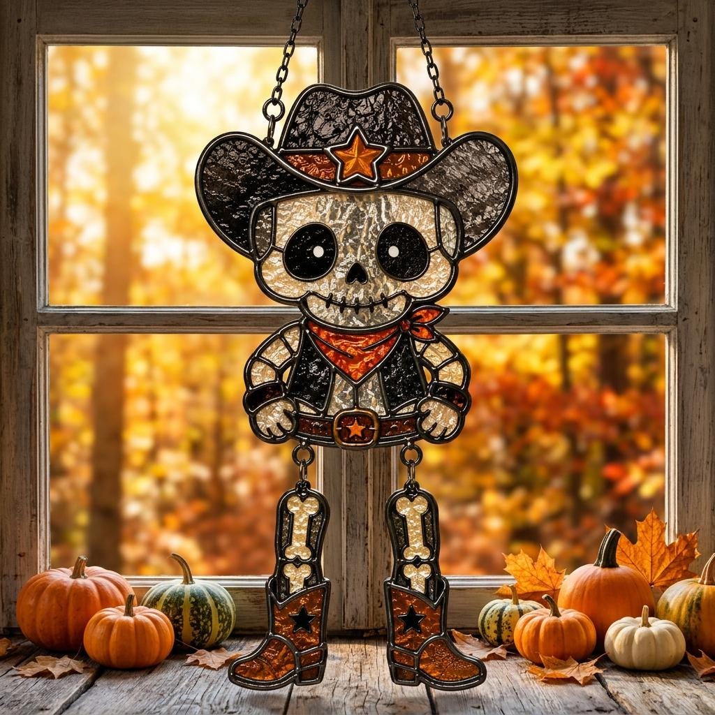 Western Skeleton Cowboy Acrylic Suncatcher, Halloween Window Hanging Decor, Spooky Skull Cowboy Gift, Gothic Western Ornament