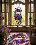 Skull Rose Faux Stained Glass Suncatcher, Gothic Floral Window Hanging, Purple Rose Skull Decor, Dark Botanical Gift