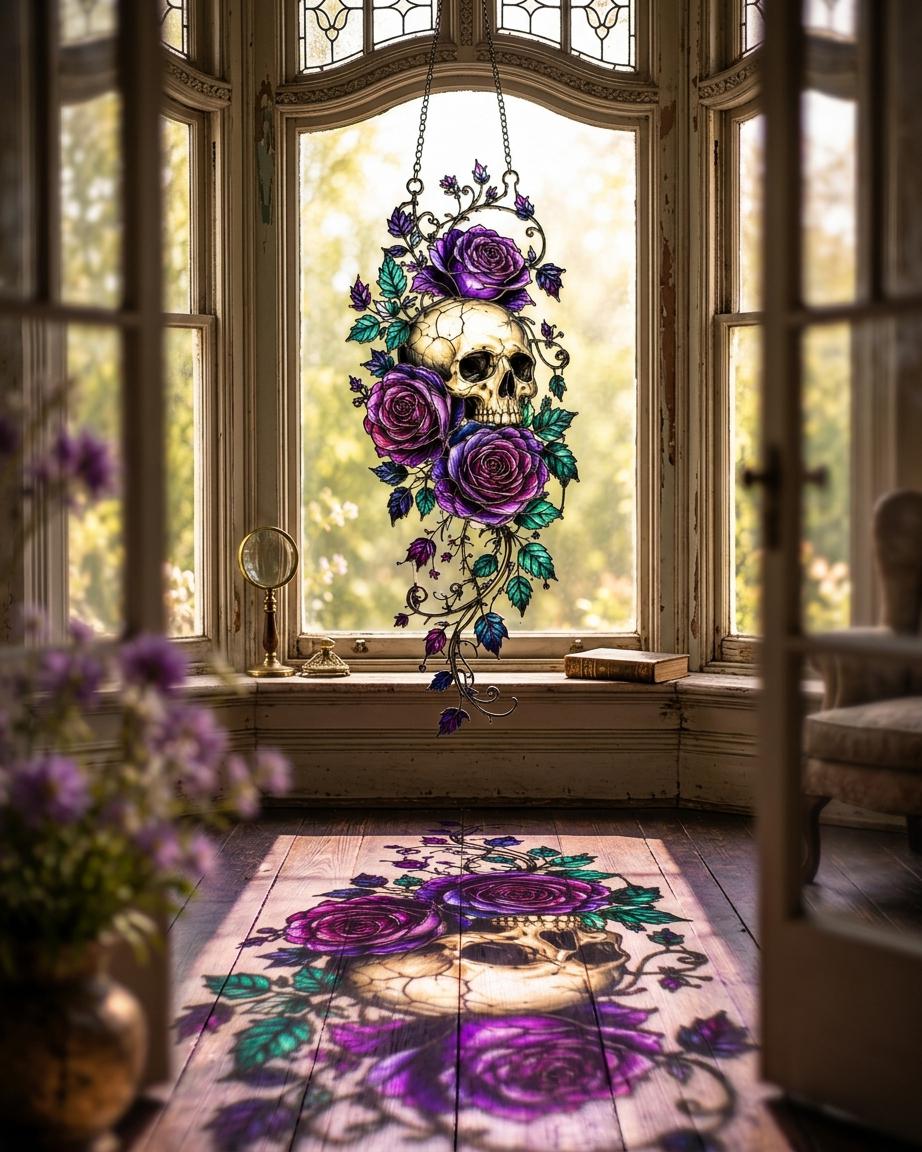 Skull Rose Faux Stained Glass Suncatcher, Gothic Floral Window Hanging, Purple Rose Skull Decor, Dark Botanical Gift