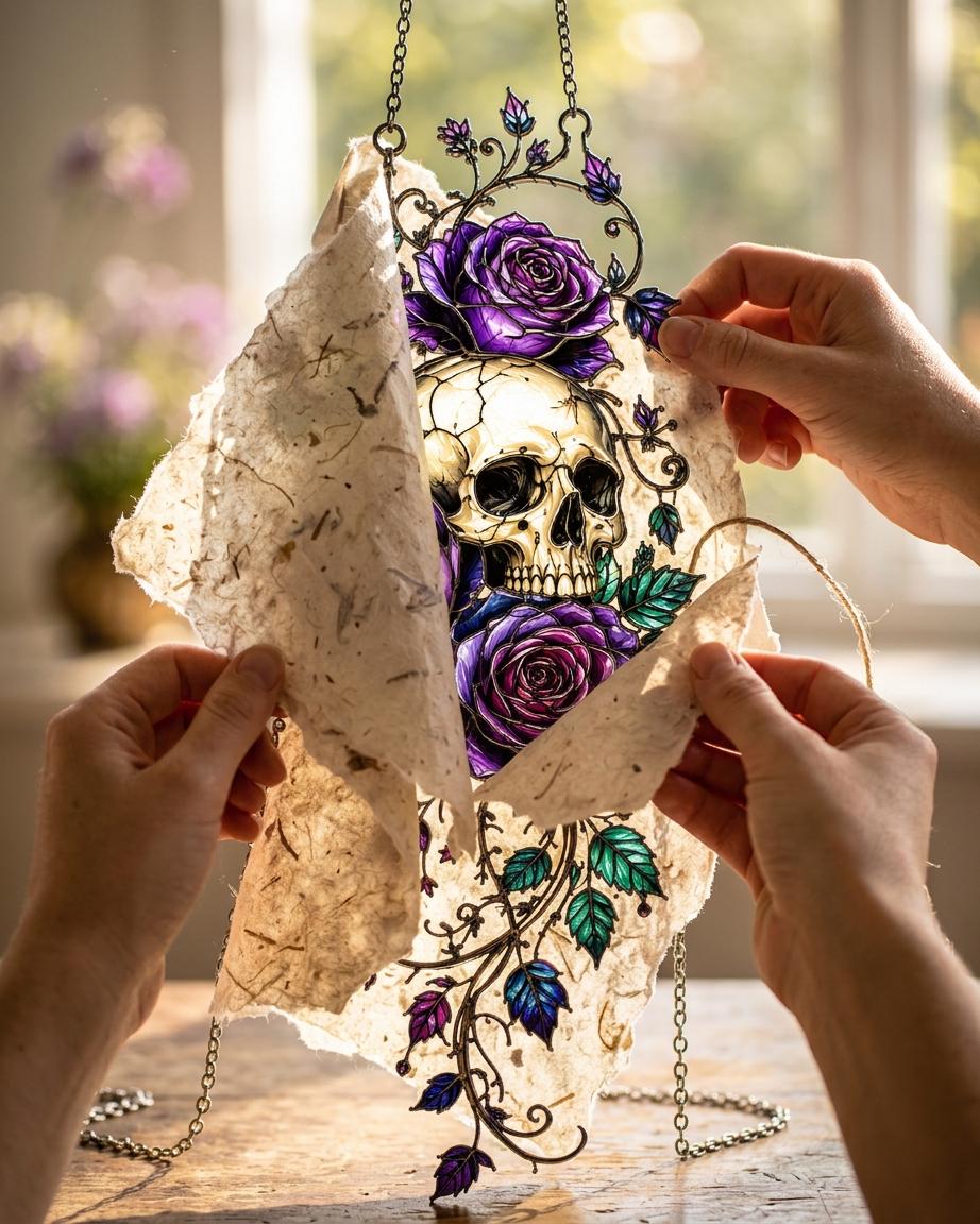 Skull Rose Faux Stained Glass Suncatcher, Gothic Floral Window Hanging, Purple Rose Skull Decor, Dark Botanical Gift