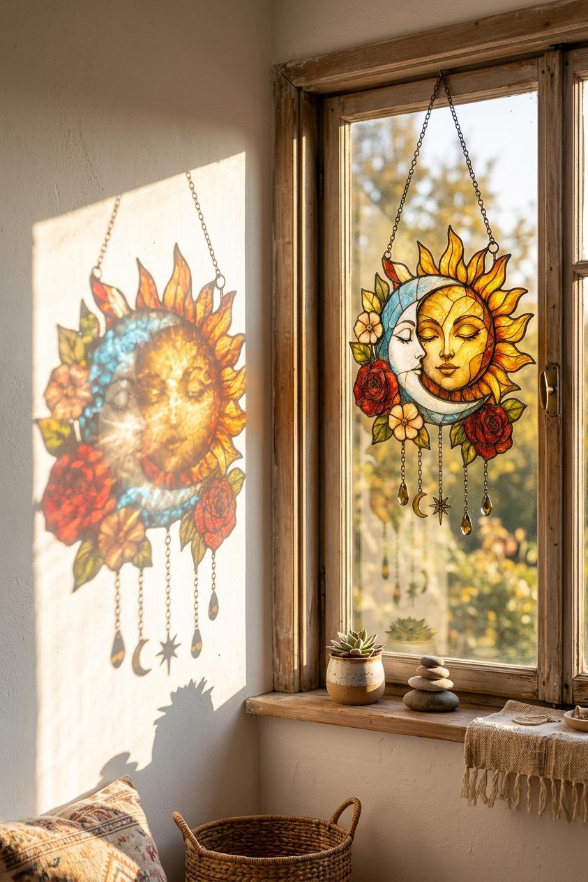 Sun and Moon Faux Stained Glass Suncatcher, Celestial Window Hanging, Floral Moon Decor, Boho Sun Gift