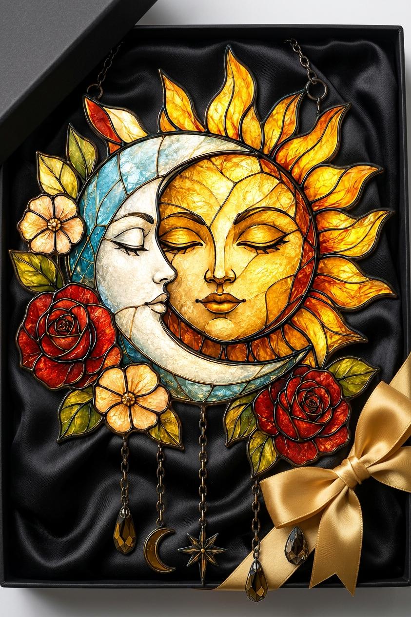 Sun and Moon Faux Stained Glass Suncatcher, Celestial Window Hanging, Floral Moon Decor, Boho Sun Gift