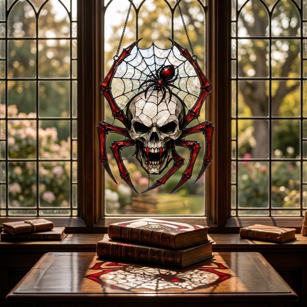Spider Skull Faux Stained Glass Suncatcher, Gothic Spider Web Window Hanging, Vampire Skull Halloween Decor