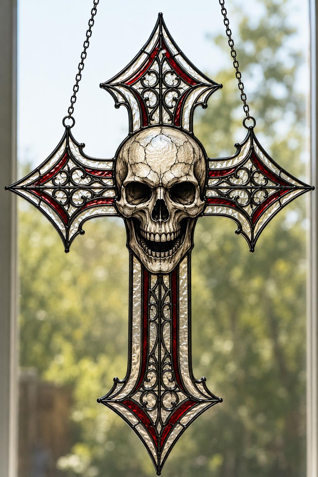 Skull Cross Faux Stained Glass Suncatcher, Gothic Cross Window Hanging, Skull Cross Decor, Christian Gothic Gift