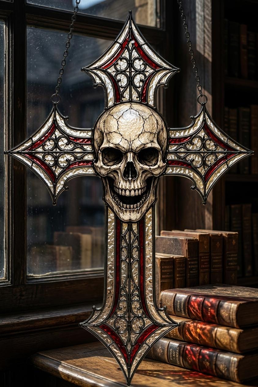 Skull Cross Faux Stained Glass Suncatcher, Gothic Cross Window Hanging, Skull Cross Decor, Christian Gothic Gift