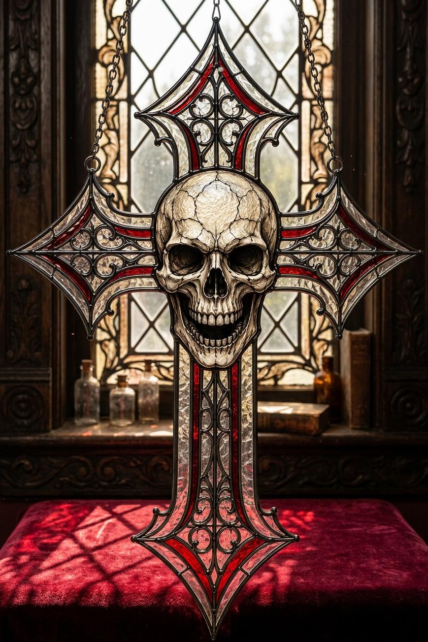 Skull Cross Faux Stained Glass Suncatcher, Gothic Cross Window Hanging, Skull Cross Decor, Christian Gothic Gift