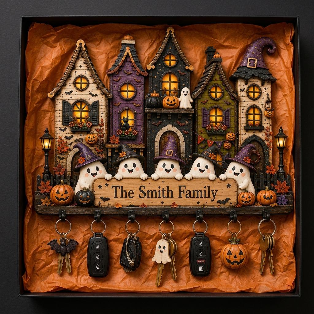 2D PRINTED Personalized Halloween Key Holder, Custom Family Name Wooden Key Hanging, Haunted House Wall Organizer, Ghost Home Decor