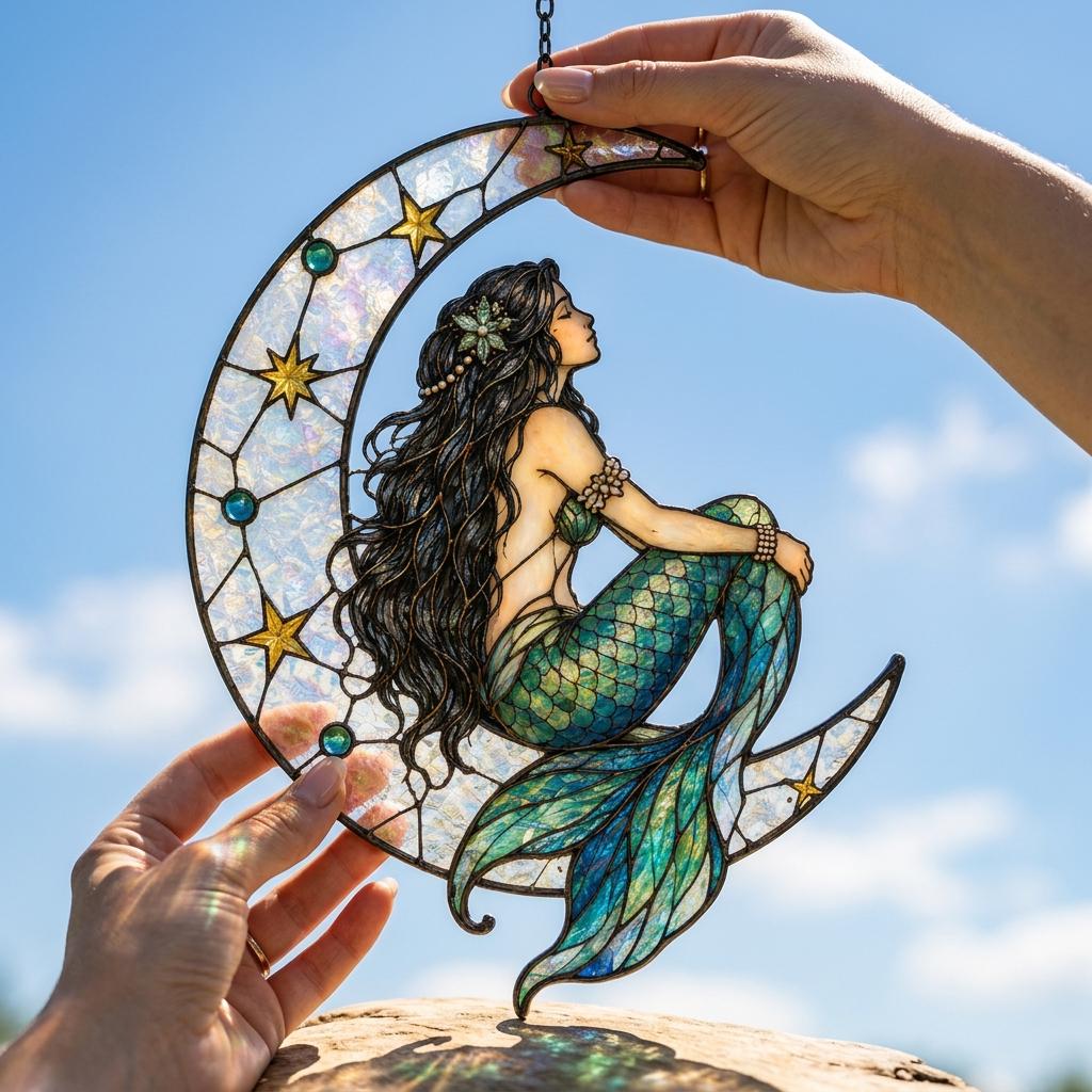 Crescent Moon Mermaid Suncatcher, Faux Stained Glass Decor, Mystical Ocean Window Ornament, Mermaid Lover Gift, Boho Home Decor