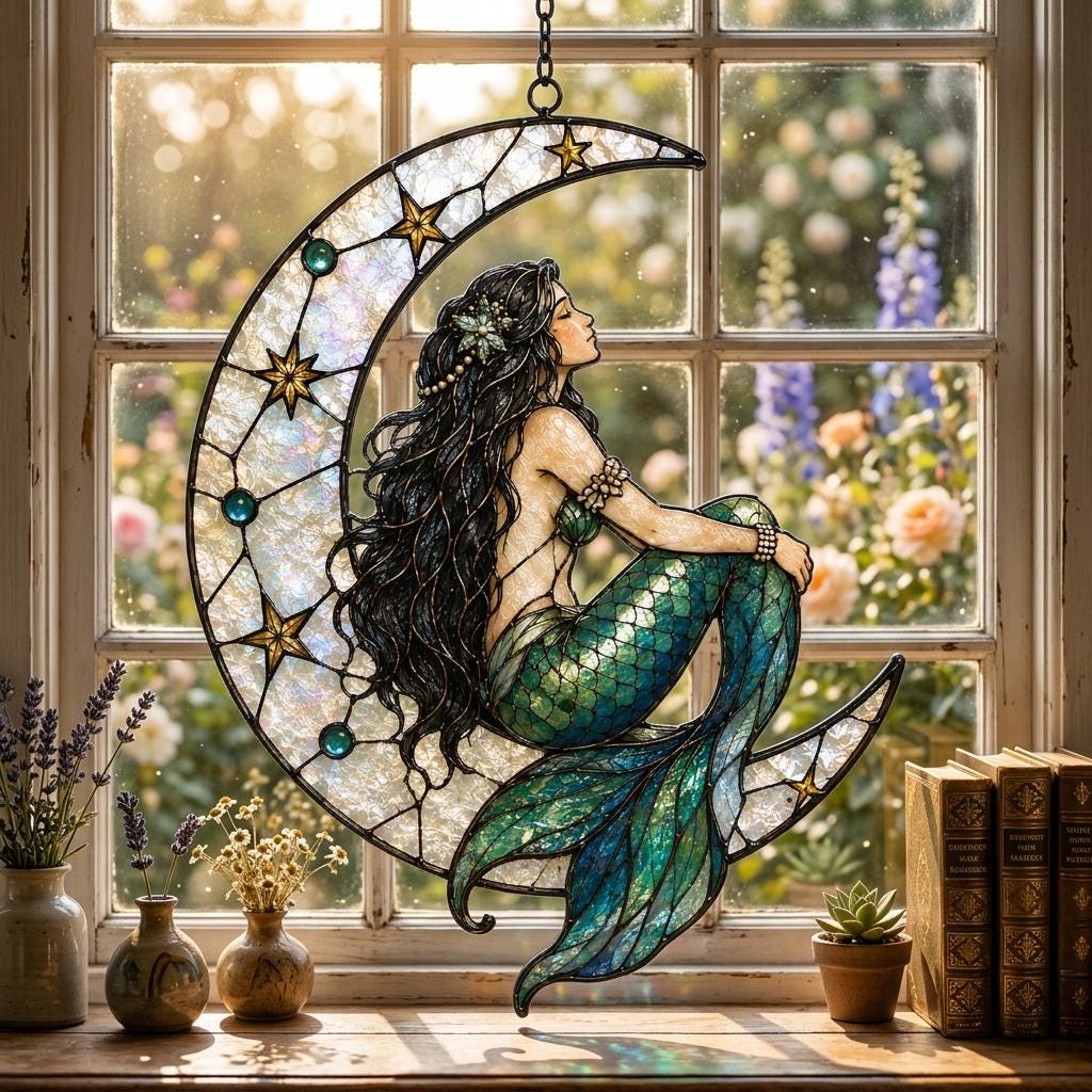 Crescent Moon Mermaid Suncatcher, Faux Stained Glass Decor, Mystical Ocean Window Ornament, Mermaid Lover Gift, Boho Home Decor